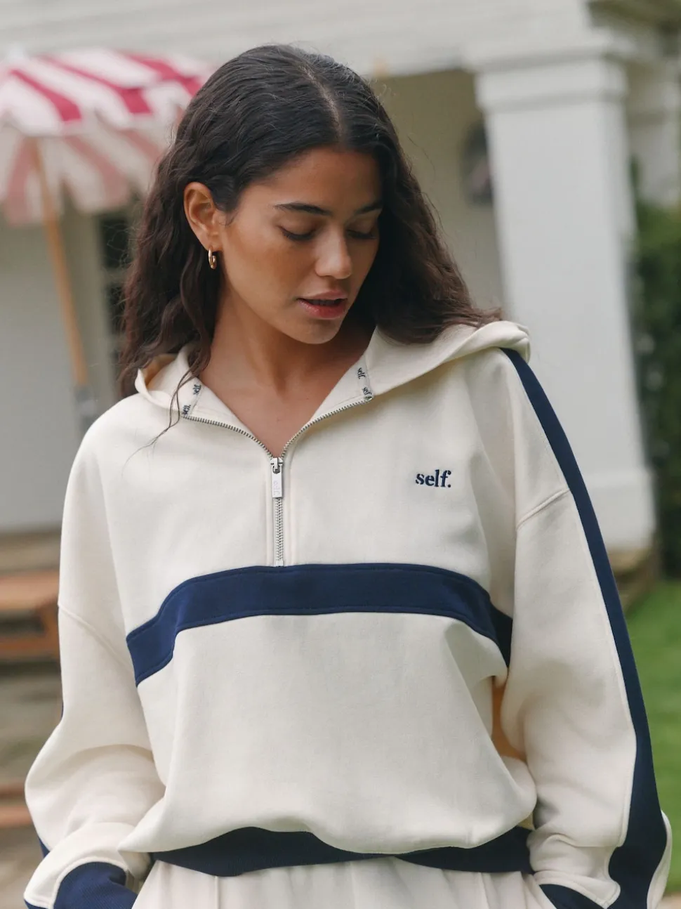 self. Ecru/Navy Half Zip Fleece Top