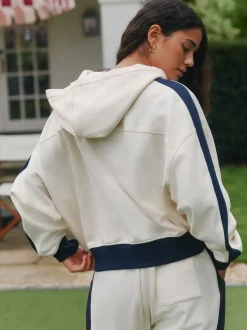 self. Ecru/Navy Half Zip Fleece Top