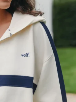 self. Ecru/Navy Half Zip Fleece Top