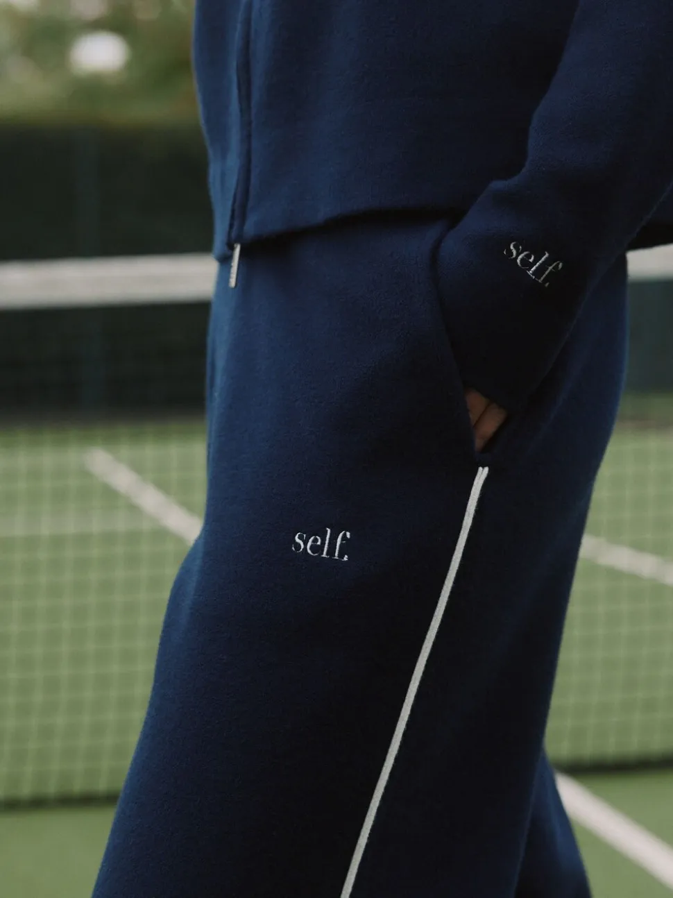 self. Navy Barrell Leg Knitted Joggers