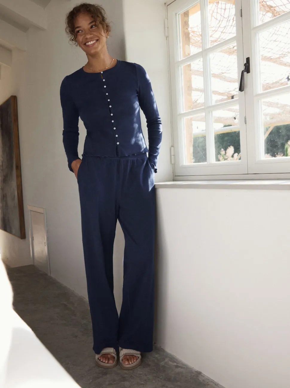 self. Navy Ribbed Button Through Pyjamas