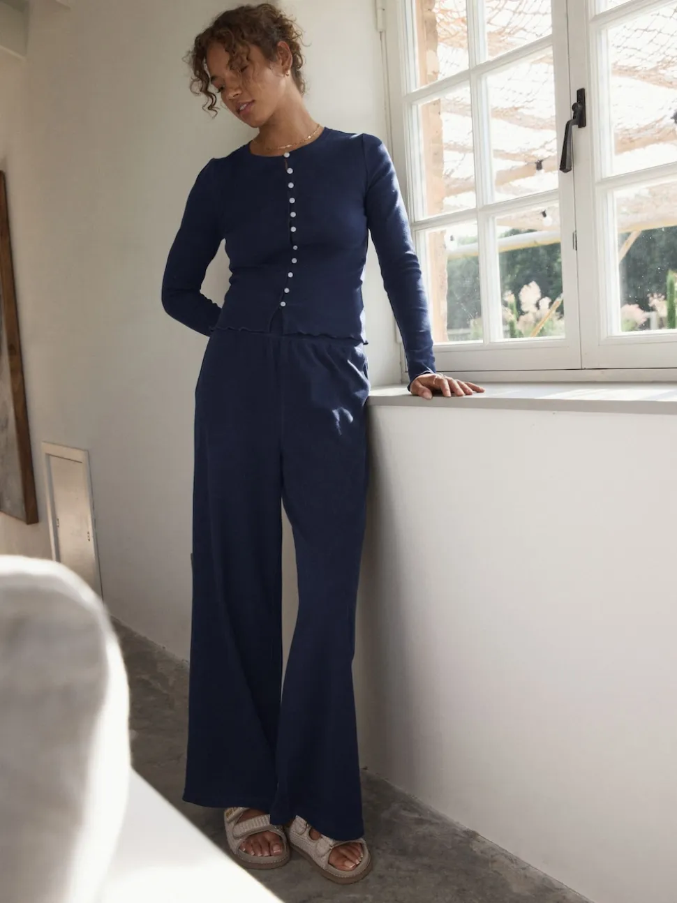 self. Navy Ribbed Button Through Pyjamas