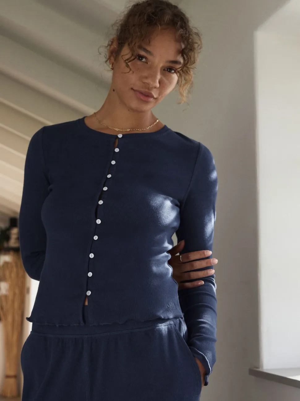 self. Navy Ribbed Button Through Pyjamas
