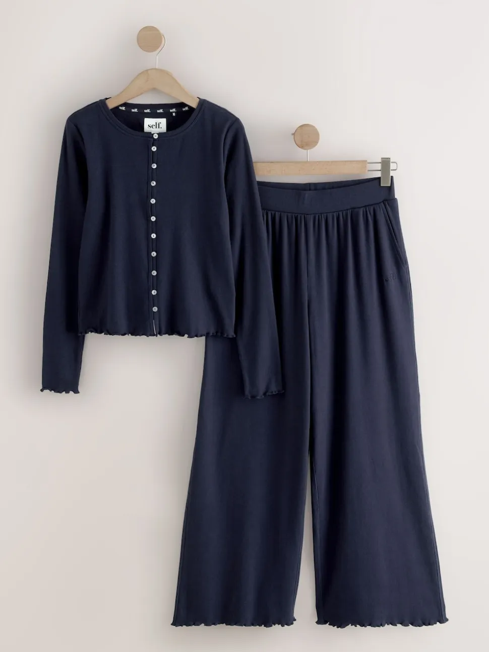 self. Navy Ribbed Button Through Pyjamas