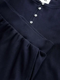self. Navy Ribbed Button Through Pyjamas