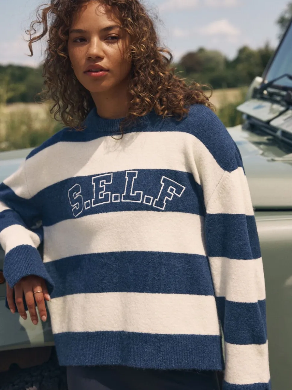 self. Navy Stripe Knit Jumper