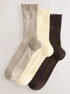 self. Neutral/Cream/Chocolate Lettuce Welt Embroidered Ankle Socks 3 Pack