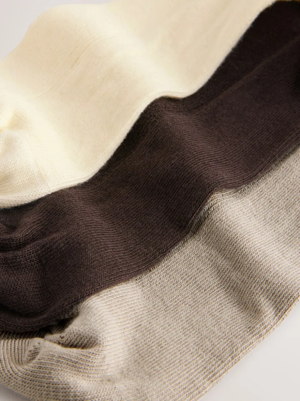 self. Neutral/Cream/Chocolate Lettuce Welt Embroidered Ankle Socks 3 Pack