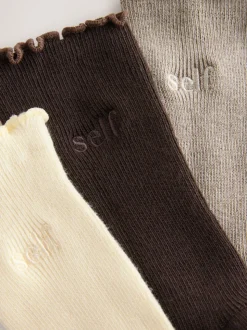 self. Neutral/Cream/Chocolate Lettuce Welt Embroidered Ankle Socks 3 Pack