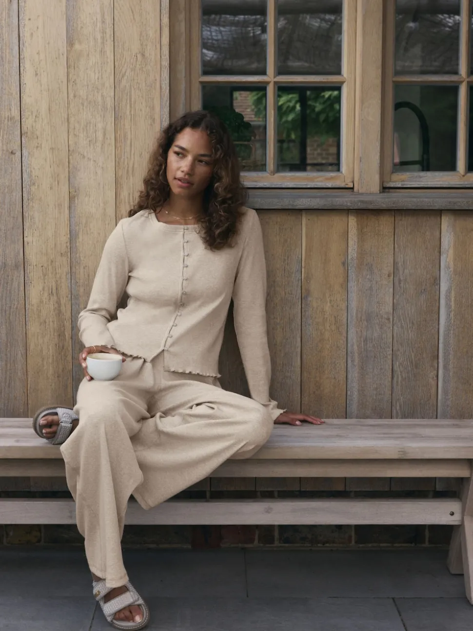 self. Oatmeal Ribbed Button Through Pyjamas