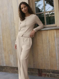 self. Oatmeal Ribbed Button Through Pyjamas