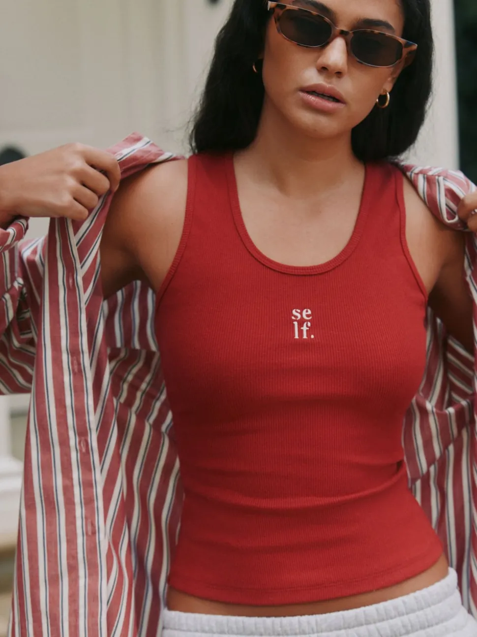 self. Red Cotton Rib Scoop Neck Vest