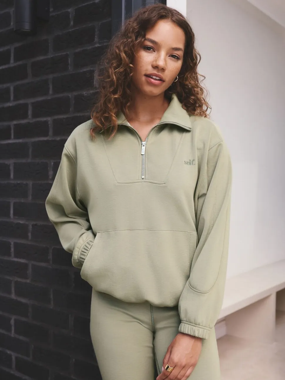 self. Sage Green Half Zip Modal Sweatshirt