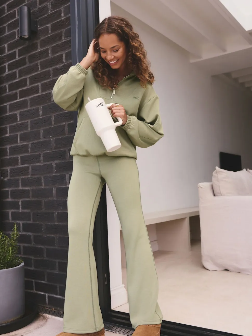self. Sage Green Half Zip Modal Sweatshirt