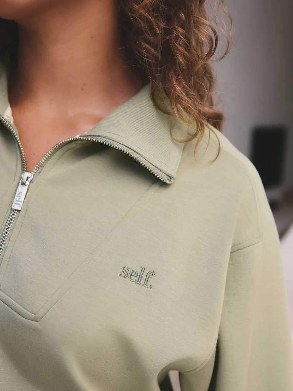 self. Sage Green Half Zip Modal Sweatshirt