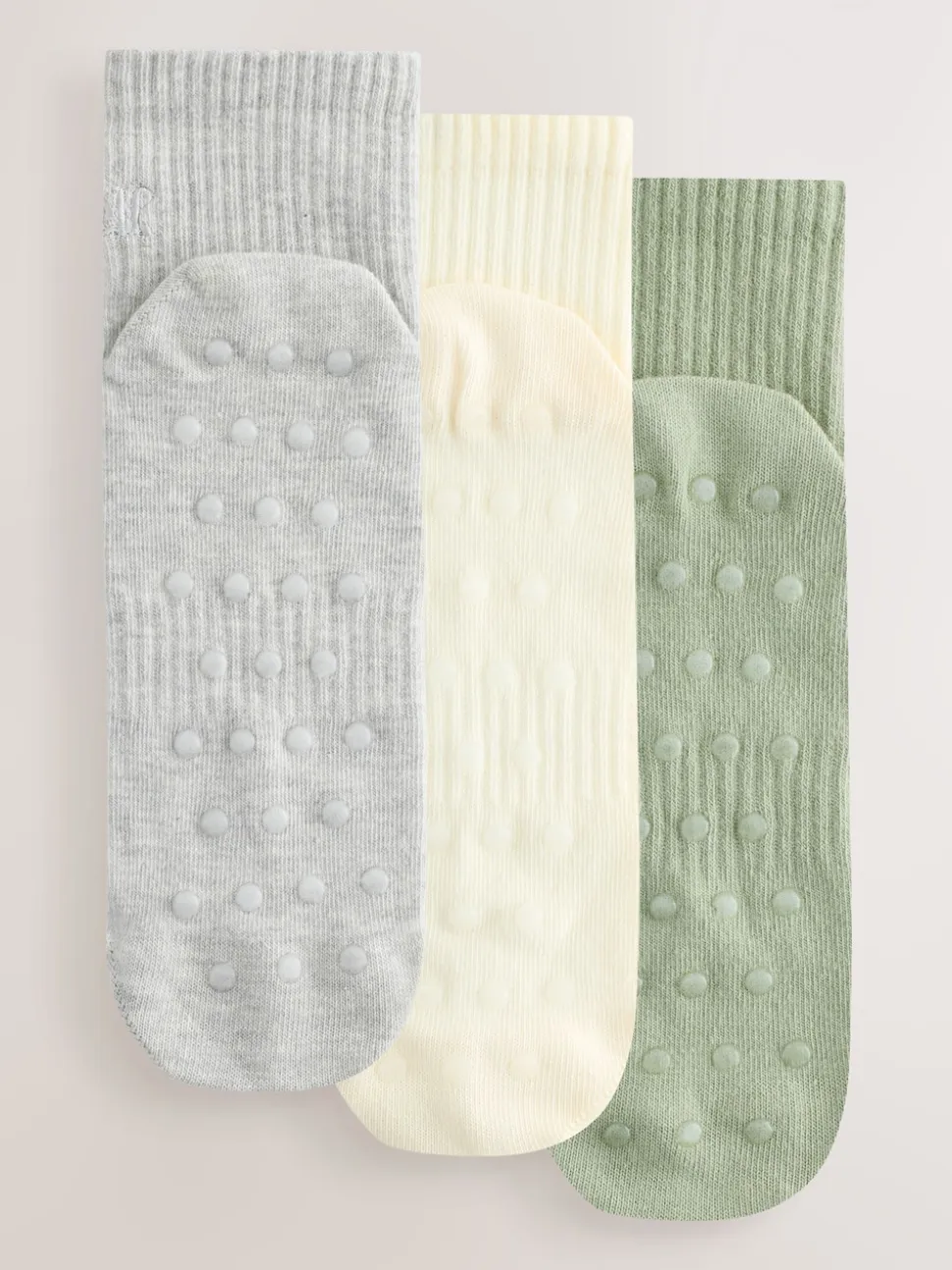 self. Sage Green/Cream/Grey Cropped Ankle Embroidered Logo Gripper Socks 3 Pack