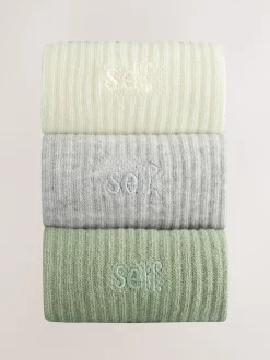 self. Sage Green/Cream/Grey Cropped Ankle Embroidered Logo Gripper Socks 3 Pack