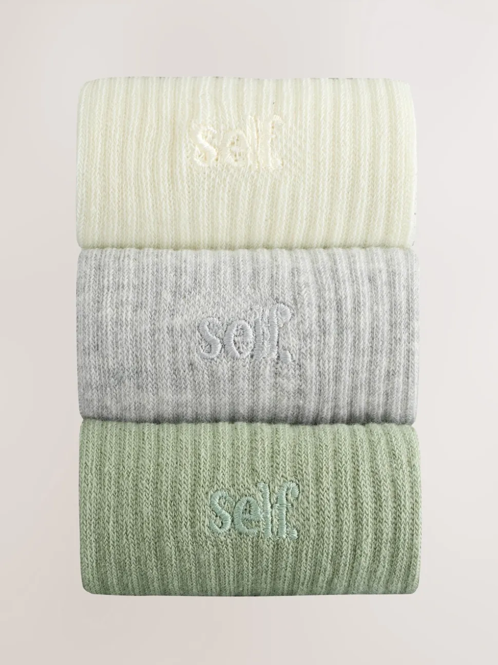 self. Sage Green/Cream/Grey Cropped Ankle Embroidered Logo Gripper Socks 3 Pack