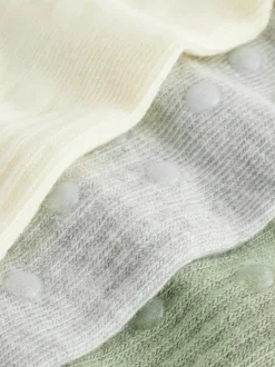 self. Sage Green/Cream/Grey Cropped Ankle Embroidered Logo Gripper Socks 3 Pack