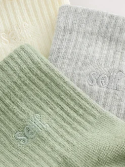 self. Sage Green/Cream/Grey Cropped Ankle Embroidered Logo Gripper Socks 3 Pack