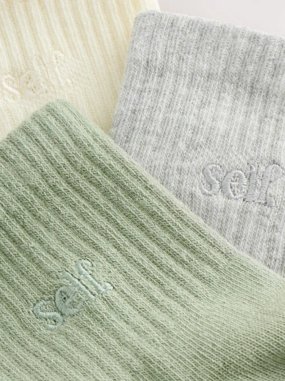 self. Sage Green/Cream/Grey Cropped Ankle Embroidered Logo Gripper Socks 3 Pack
