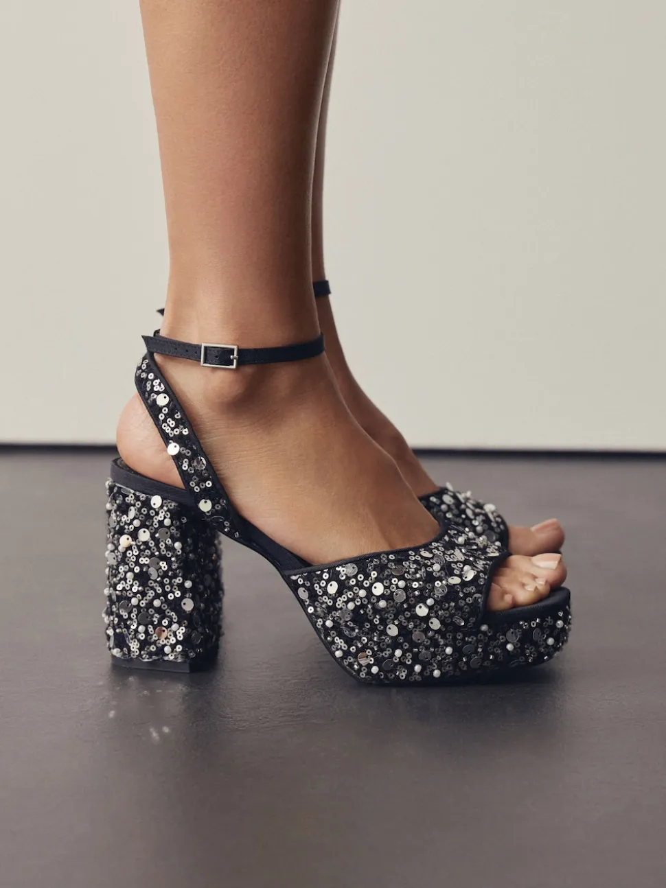 Sequin Forever Comfort® Square Toe Sequin Block Heeled Sandals