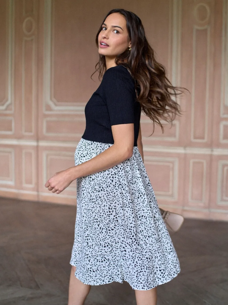 Seraphine Black & White Printed Maternity & Nursing Knit Top Dress