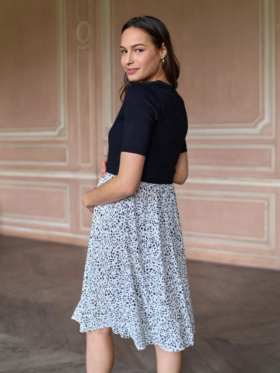 Seraphine Black & White Printed Maternity & Nursing Knit Top Dress