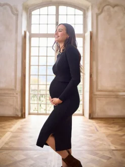 Seraphine Black Crew Neck Layered Knit Maternity Dress