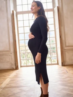 Seraphine Black Crew Neck Layered Knit Maternity Dress