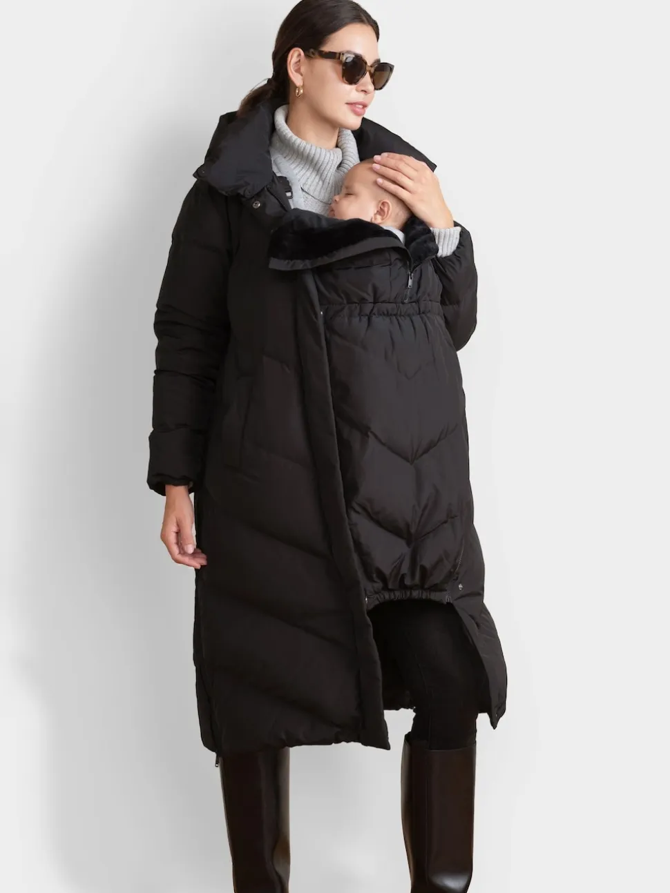 Seraphine Black 3-In-1 Long Chevron Puffer Maternity Coat