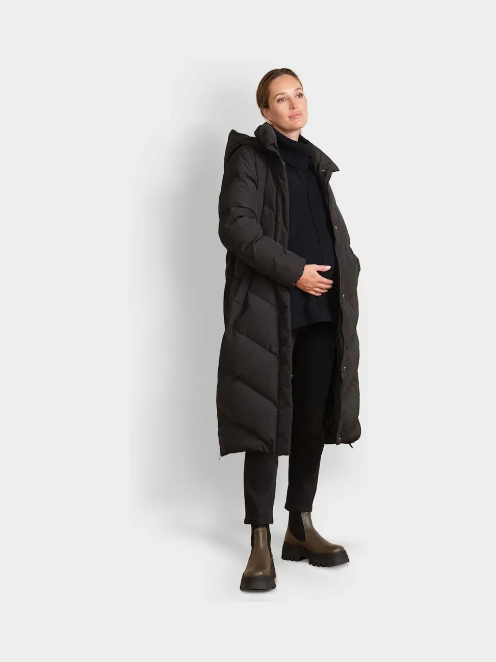 Seraphine Black 3-In-1 Long Chevron Puffer Maternity Coat