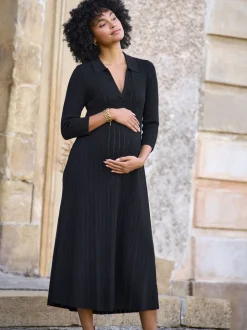 Seraphine Black Maternity Pointelle Knit Dress