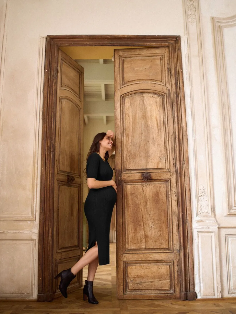 Seraphine Black Ribbed Maternity And Nursing Midi Dress