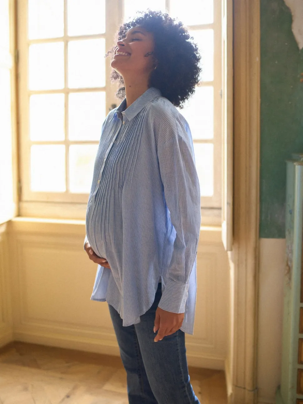 Seraphine Blue & White Stripe Maternity Pintuck Shirt