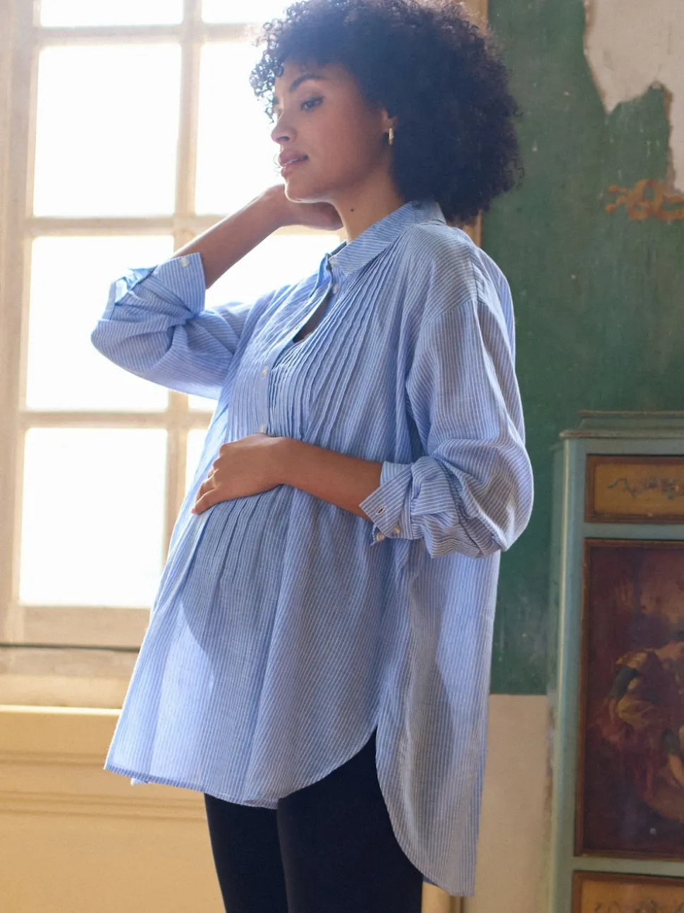Seraphine Blue & White Stripe Maternity Pintuck Shirt