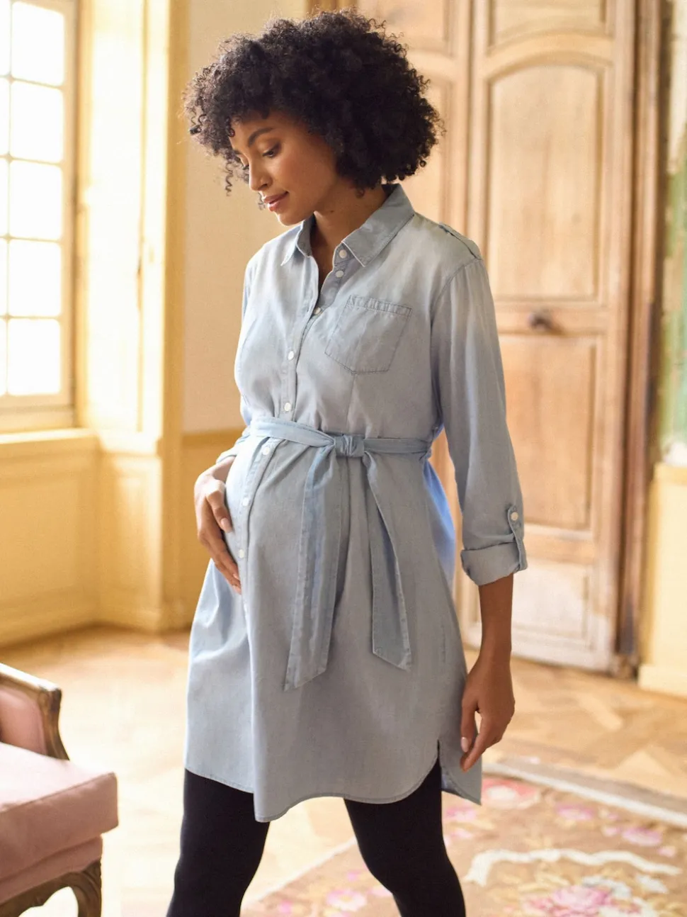 Seraphine Blue Denim Maternity & Nursing Chambray Shirt Dress