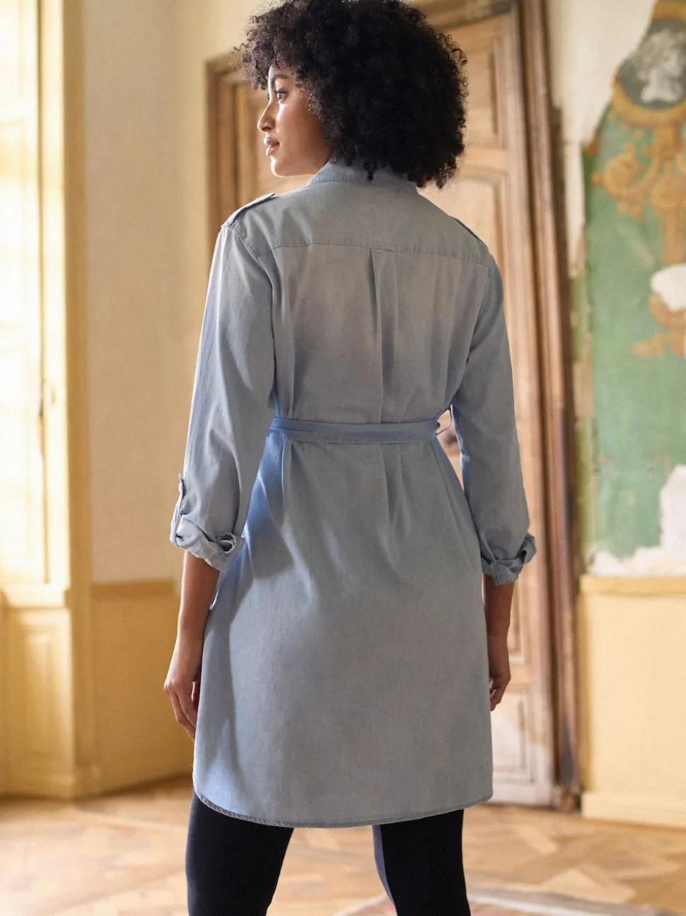 Seraphine Blue Denim Maternity & Nursing Chambray Shirt Dress