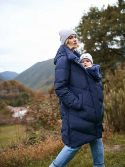 Seraphine Blue Long Chevron 3 in 1 Maternity & Babywearing Down-filled Coat