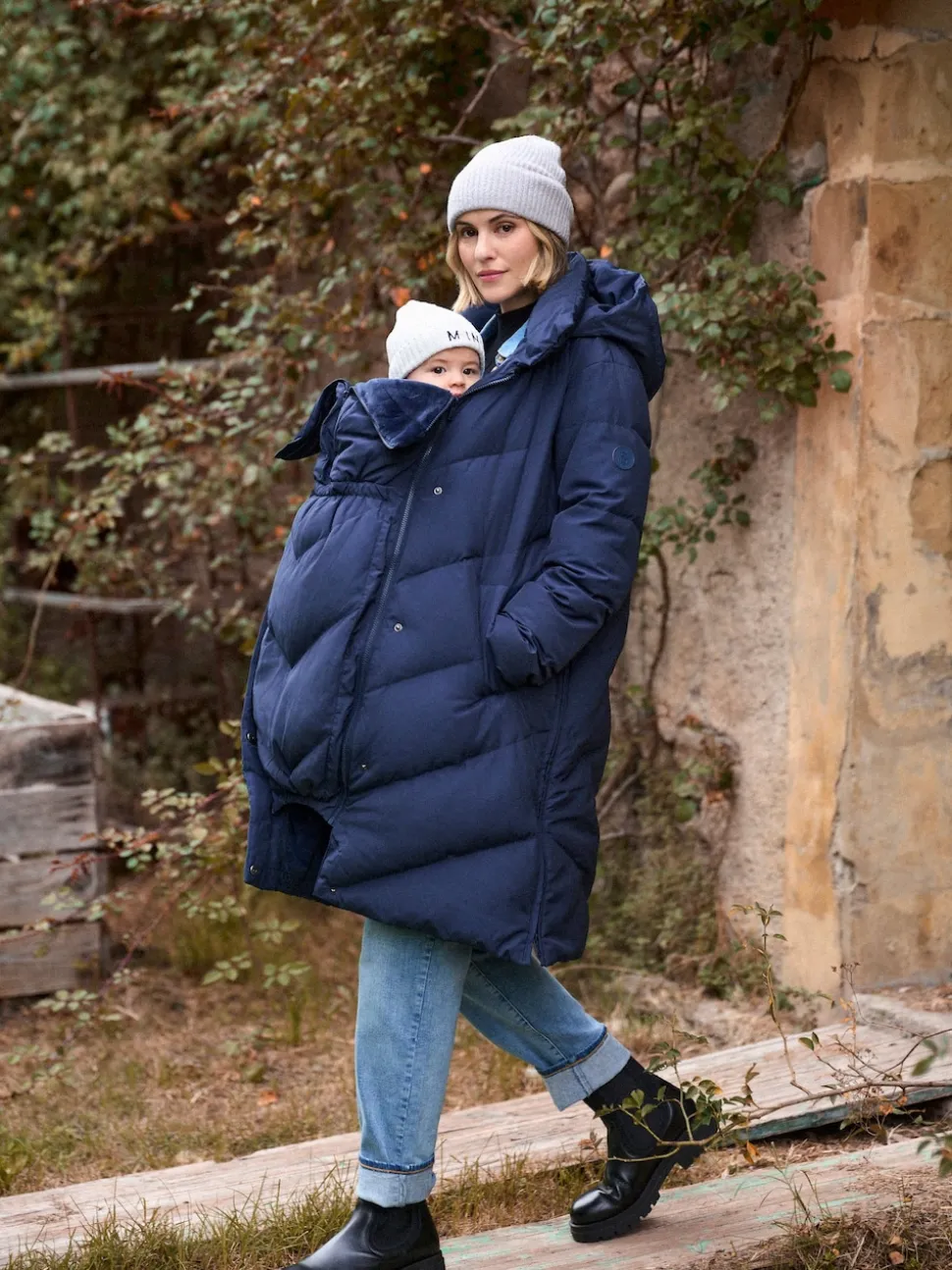 Seraphine Blue Long Chevron 3 in 1 Maternity & Babywearing Down-filled Coat