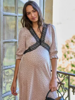 Seraphine Cream & Black Maternity Tea Dress With Lace Trim
