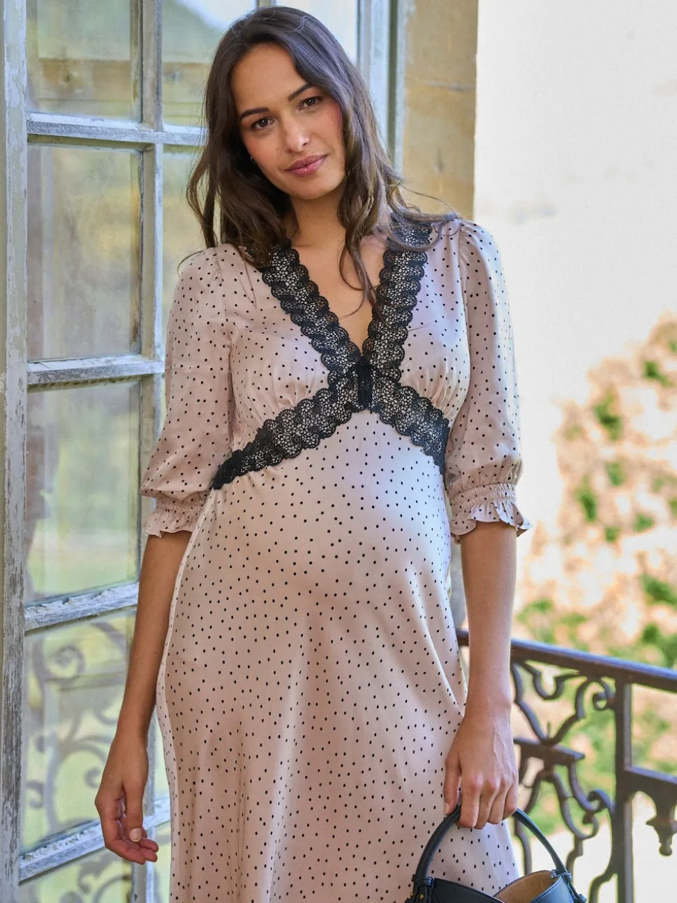 Seraphine Cream & Black Maternity Tea Dress With Lace Trim