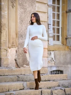 Seraphine Cream Maternity Premium Rib Knit and Nursing Dress