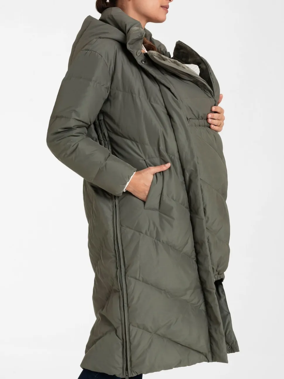 Seraphine Green 3-In-1 Long Chevron Puffer Maternity Coat