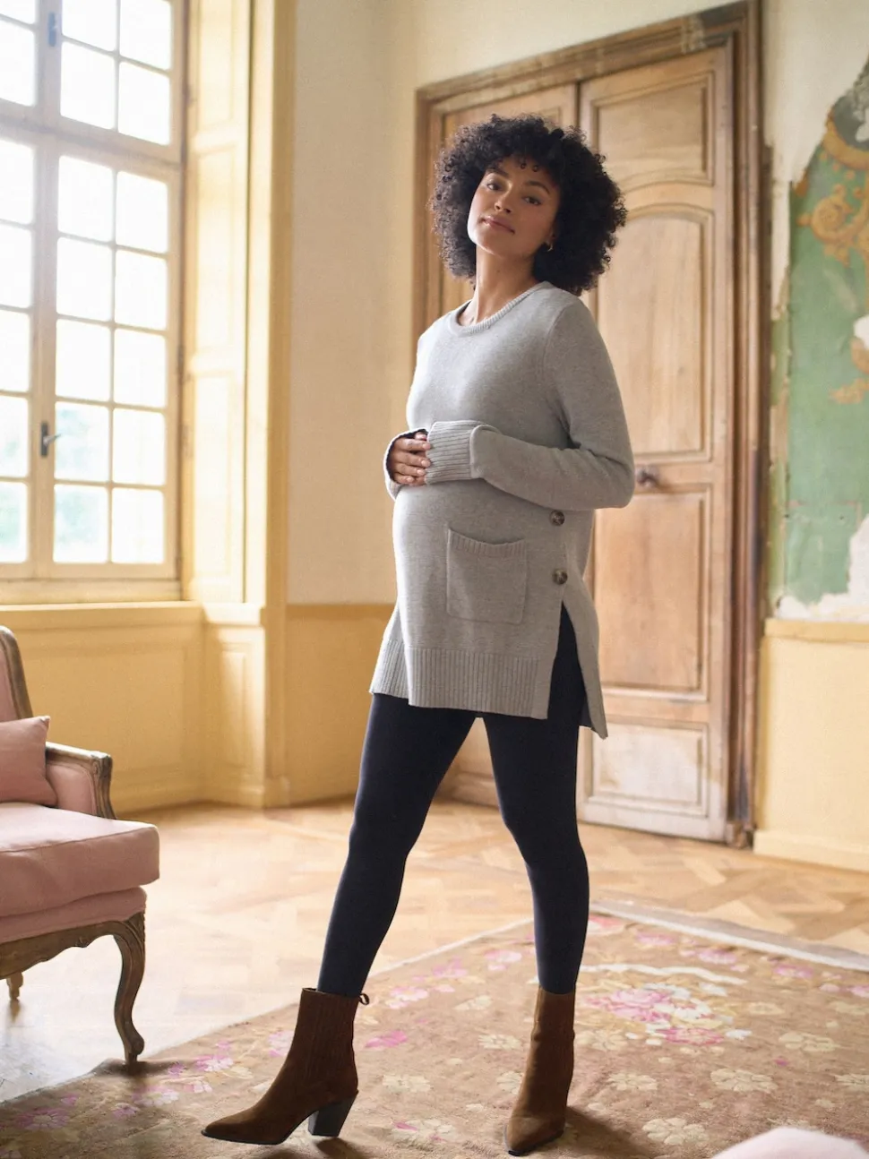 Seraphine Grey Marl Cotton Blend Maternity & Nursing Crew Neck Jumper