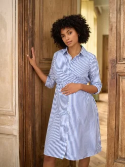 Seraphine Mid Blue & White Stripe Maternity & Nursing Midi Wrap Shirt Dress