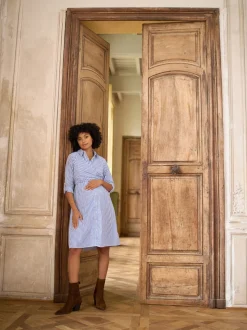 Seraphine Mid Blue & White Stripe Maternity & Nursing Midi Wrap Shirt Dress