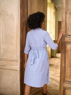 Seraphine Mid Blue & White Stripe Maternity & Nursing Midi Wrap Shirt Dress