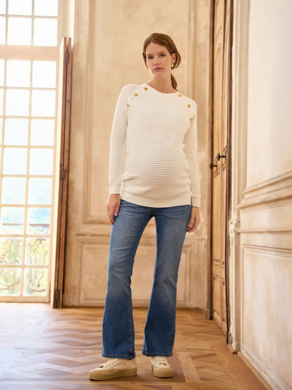 Seraphine Mid Blue Wash Premium Organic Maternity Overbump Flared Jeans