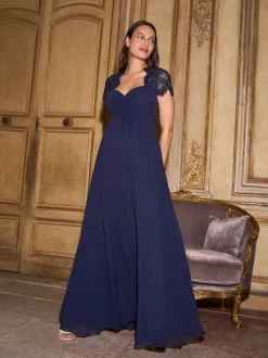 Seraphine Midnight Blue Maternity Lace Sleeve Silk Premium Dress